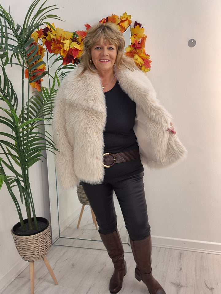 Oslo Faux Fur Shawl Collar Jacket - Creamy Stone (One Size/Curvy - fitting from Size 14 up to Size 18)