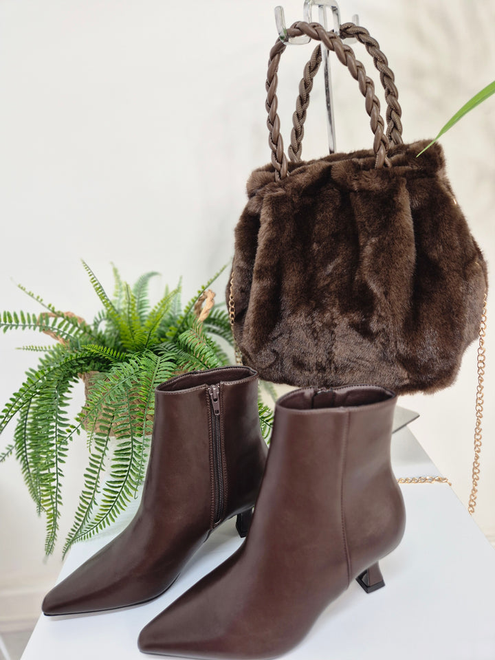 Mayfair Faux Leather Ankle Boots with Low Block Kitten Heel - Chocolate (choose your Size)