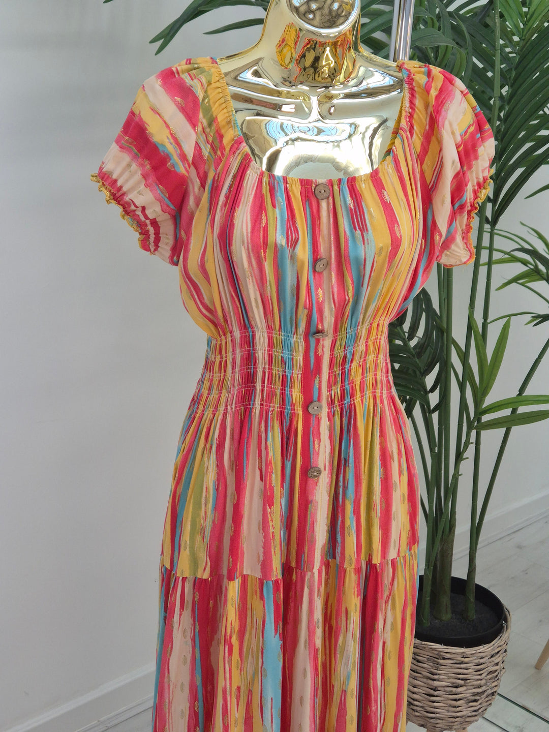 Malaga Midi Dress - Pink/Yellow/Gold - (One Size/Curvy, fitting from Size 10 to Size 16/Small 18)
