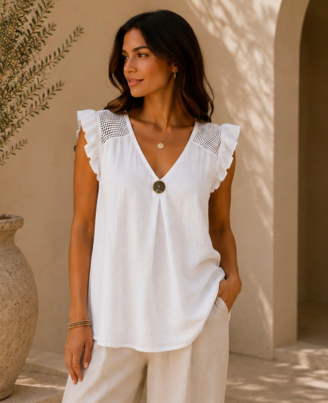 Tuscany Frilled Top with Mesh Shoulders (One Size, fits up to Size 16) - White