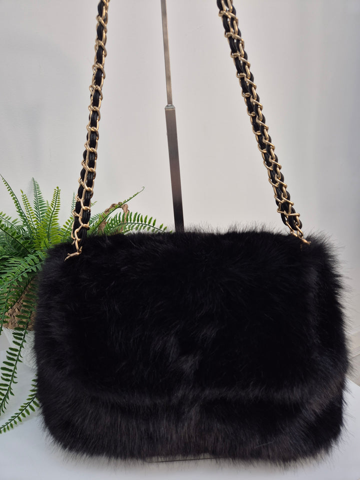Oslo Faux Fur Bag with Gold Chain Link Dual Handles - Black
