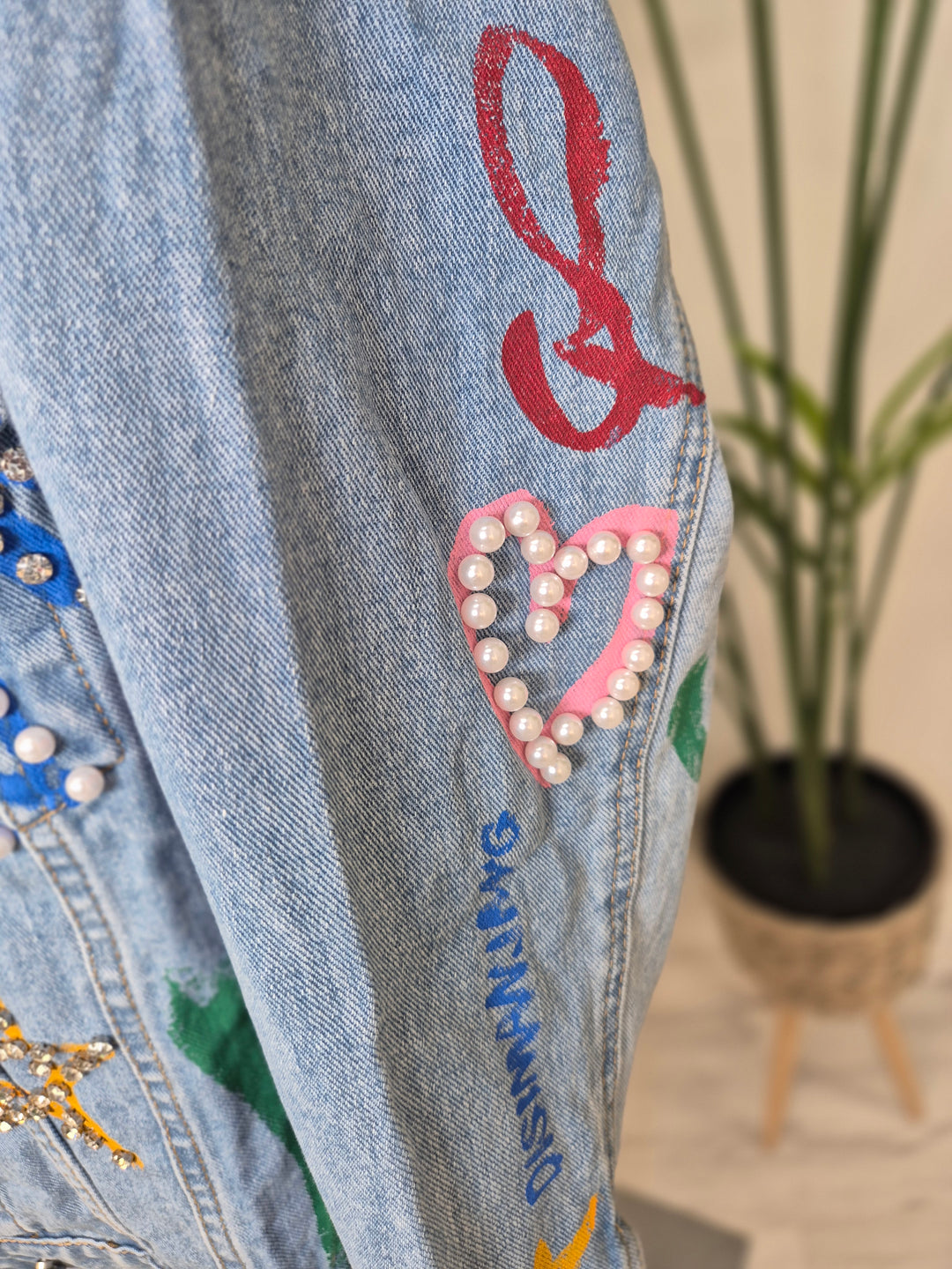 Paint Splashed Denim Jacket with Crystals - Stonewashed