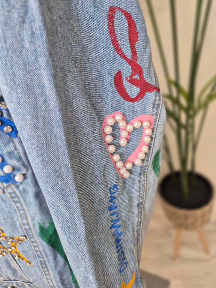 Paint Splashed Denim Jacket with Crystals - Stonewashed