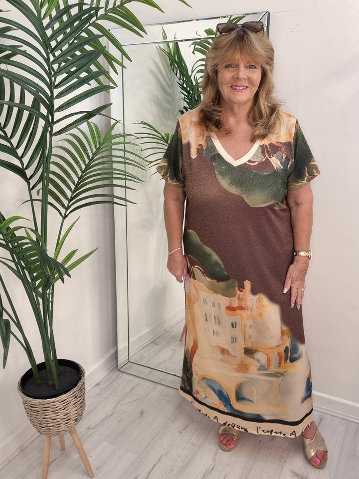 Carla Shimmer Maxi Dress - Amalfi Village - Chocolate (One Size - fits up to Size 18)