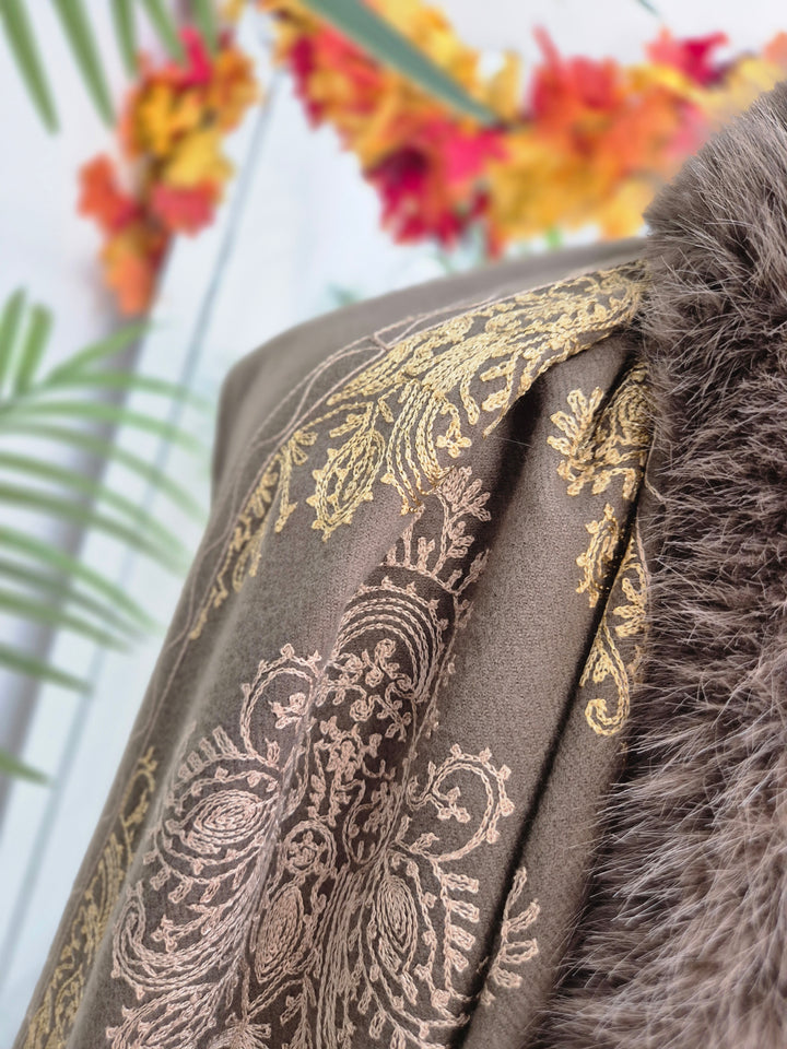 Oslo Faux Fur Shawl/Wrap - Chocolate/Gold (Oversized)