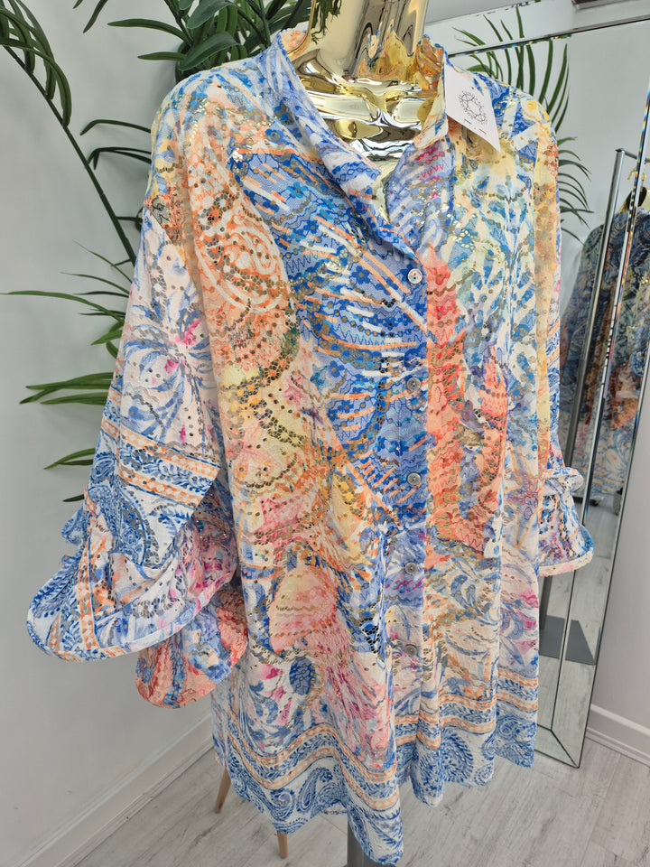 Alba Floral Double Fluted Sleeve Top - Blue Multi (Oversized, fitting from Size 14 up to Size 20)