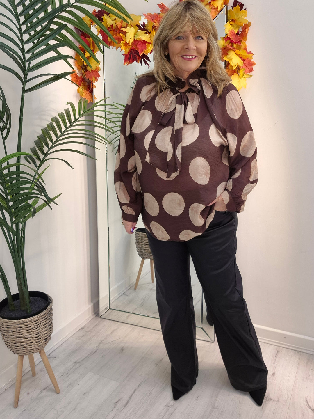 Dotty Oversized Blouse - (One Size/Curvy Size, fits from Size 14/16 to Size 20) - Chocolate