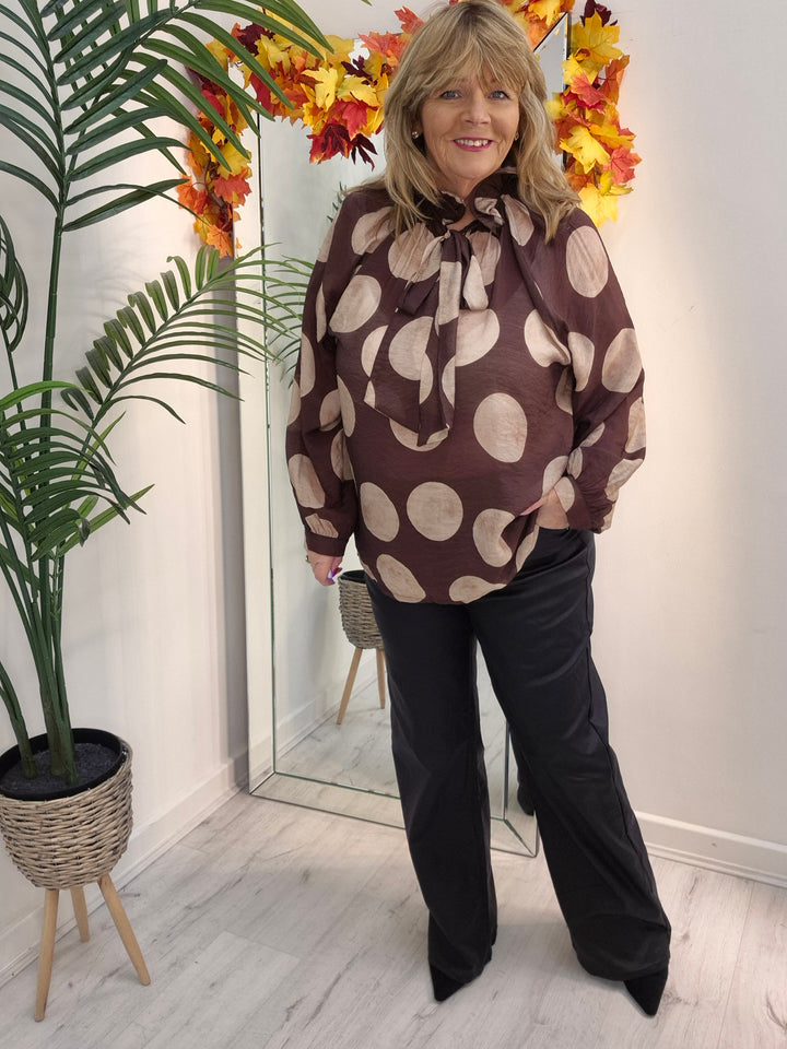Dotty Oversized Blouse - (One Size/Curvy Size, fits from Size 14/16 to Size 20) - Chocolate
