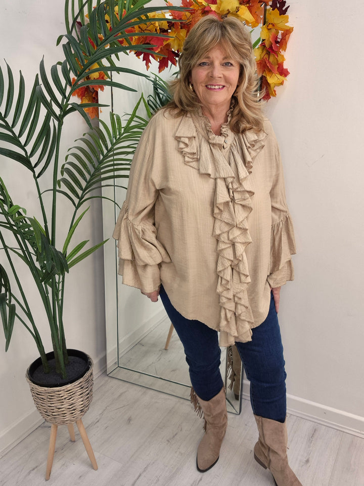 Rhea Ruffle Blouse - (One Size, fits from Size 14 up to Size 18/20) - Champagne