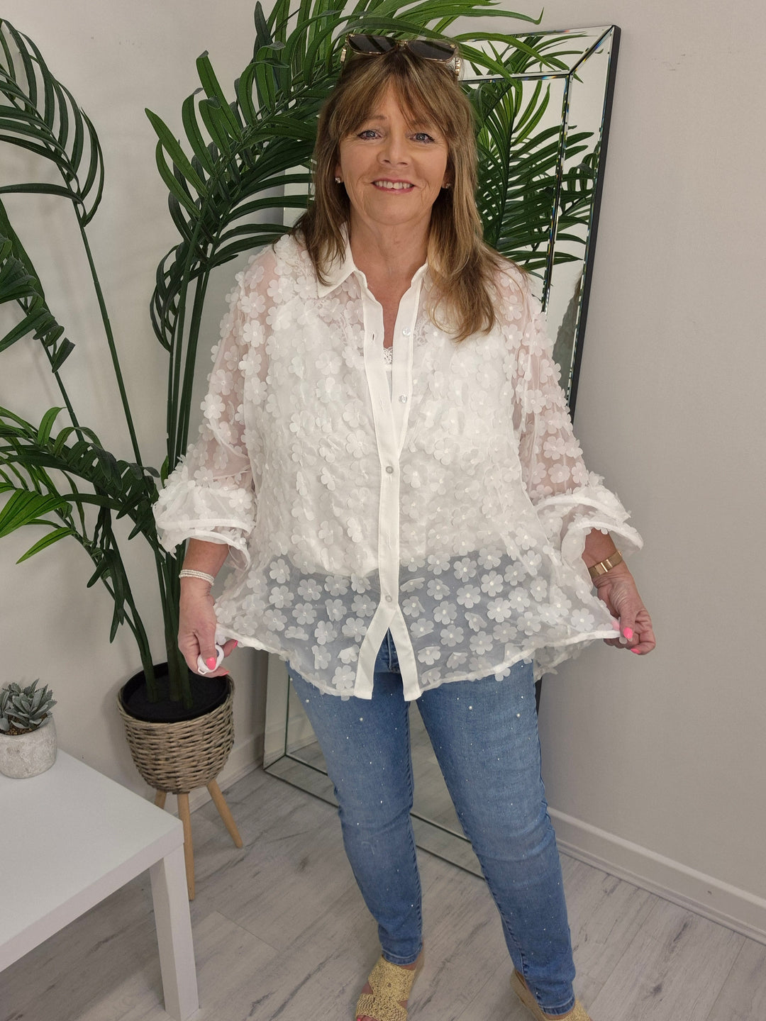 Alba Daisy Double Fluted Sleeve Blouse - White (Oversized)