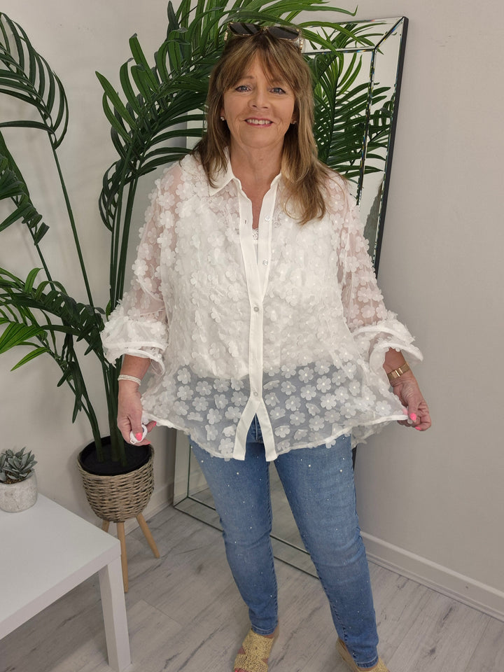 Alba Daisy Double Fluted Sleeve Blouse - White (Oversized)