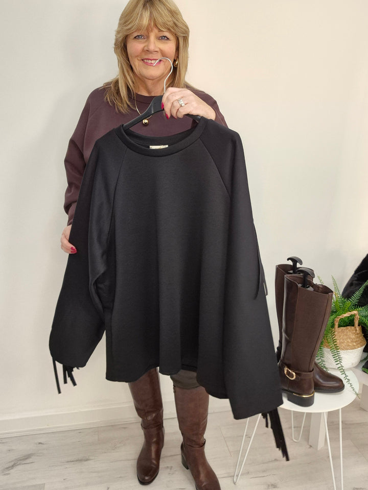 Houston Oversized Fringed Sweatshirt  - Black - (One Size/Curvy - One Size/Curvy, fits Size 14/16 to Size 18)