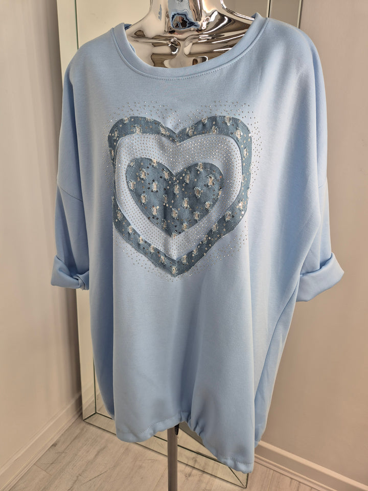 Hannah Hearts Slouchy Top - Blue/Blue (Oversized fitting from Size 14 up to Size 18/20)