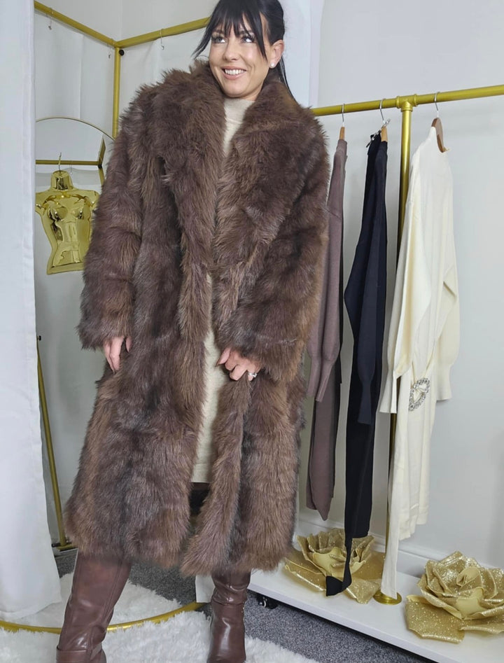 Oslo Fluffy Faux Fur Coat - Chocolate (choose your Size)