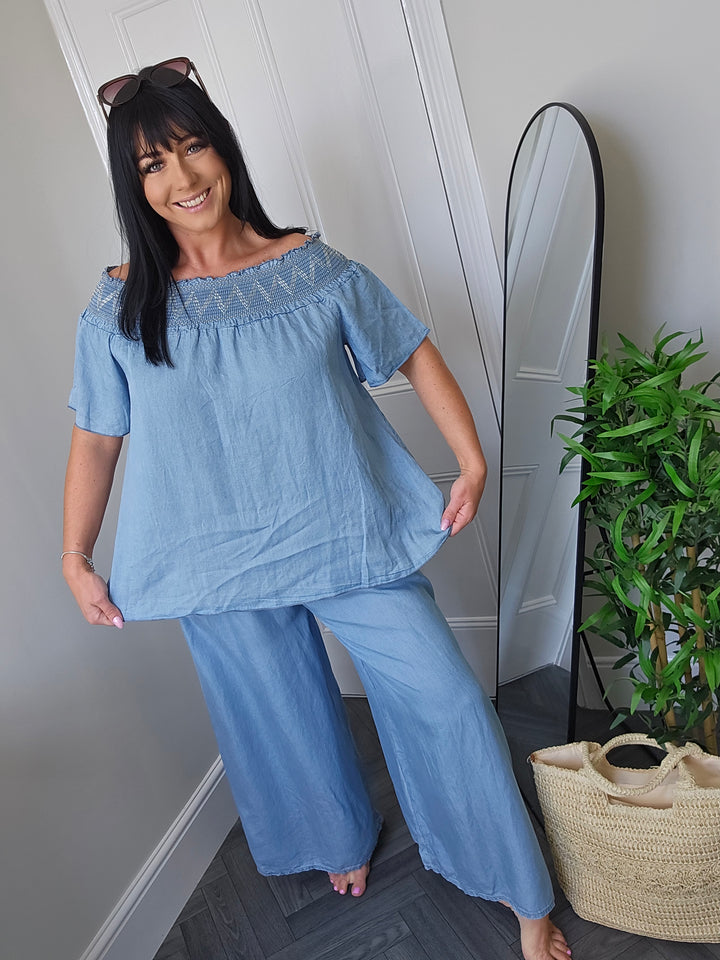 Dena Wide Leg & Bardot Top Co-ord - Chambray