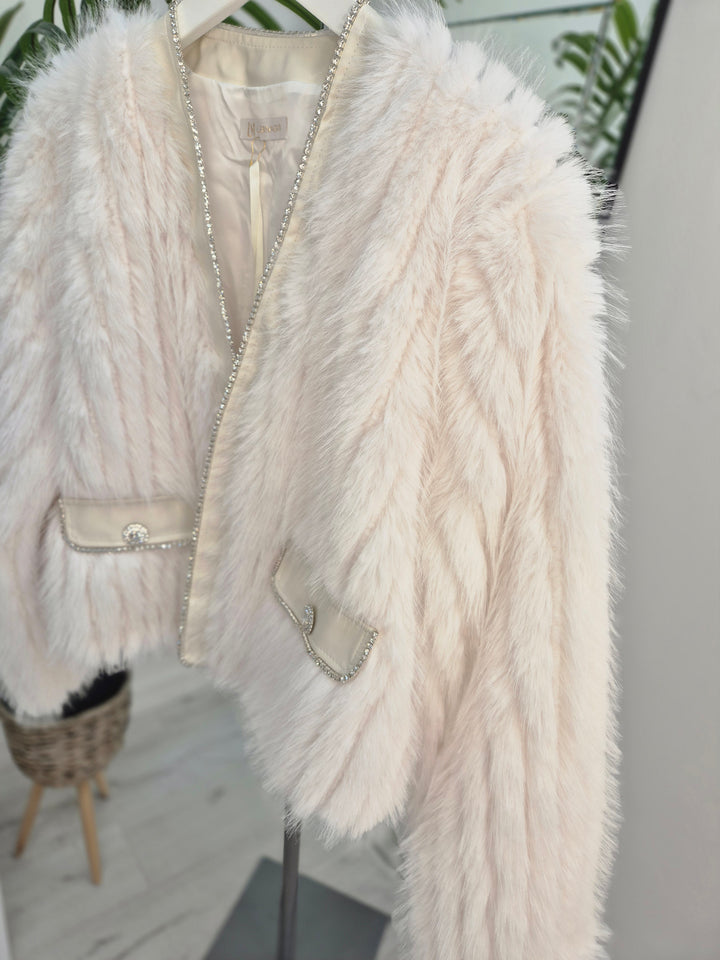 Oslo Crystal Faux Fur Jacket - Winter White - (One Size fits from Size 10 to Size 16)