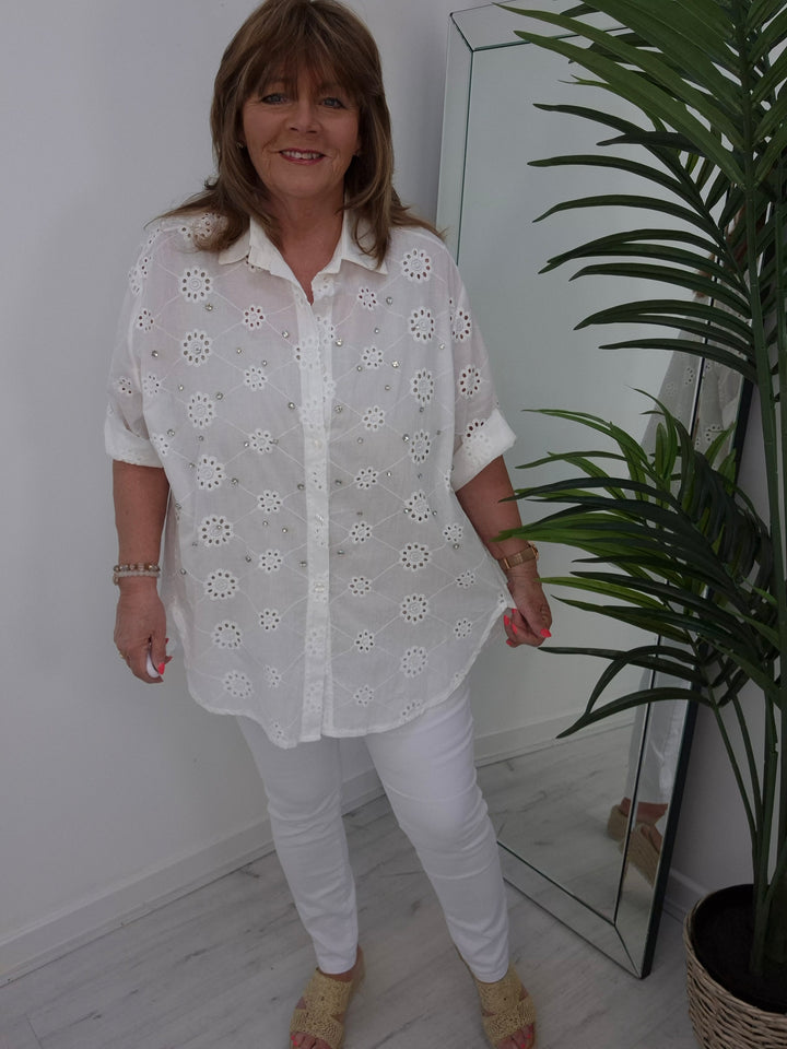 Zeta Otto Broderie Anglaise Blouse with Crystals - White (Oversized)