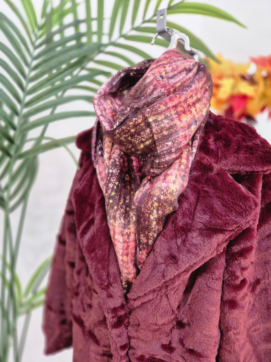 Cosy Brushed & Fluffy Scarf - Wine Multi
