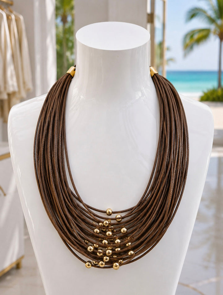 Statement Necklace - Multi Stranded with Gold Tone Beads - Chocolate/Gold