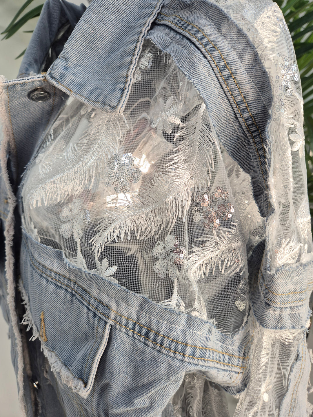 Angelina Denim Jacket with Sequins, Embroidered Feathers & Florals - (One Size - fitting Size 10 to Size 16)