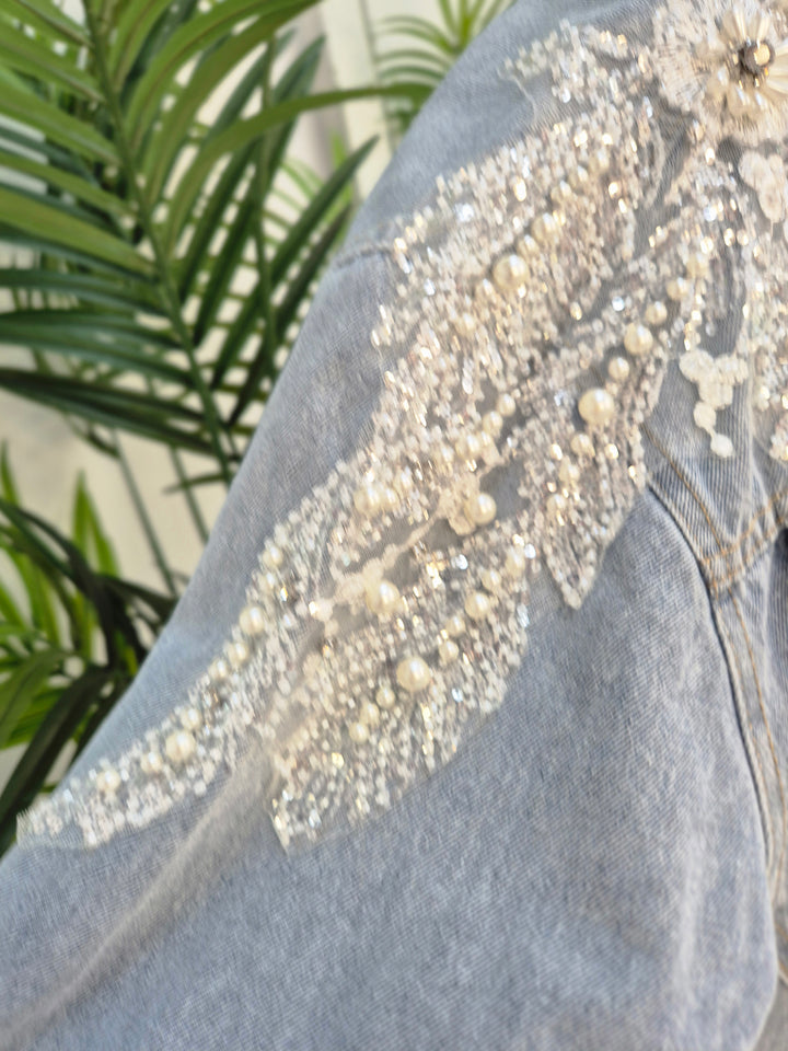 Angelica Crystal & Pearl Denim Jacket - Stonewashed (Oversized)