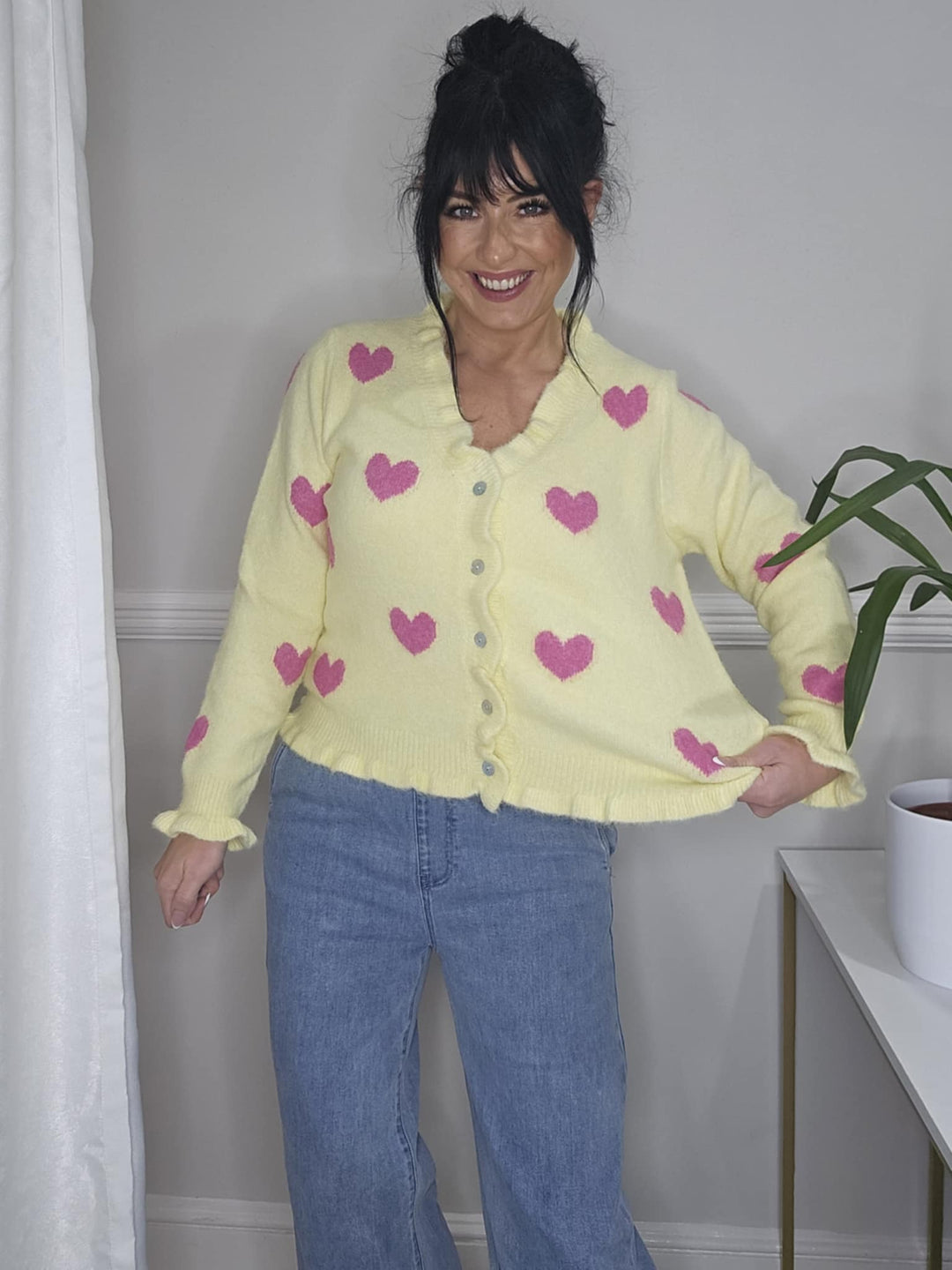 Hattie Hearts Ruffled Cardigan (One Size from Size 8 up to Size 16) - Lemon/Pink