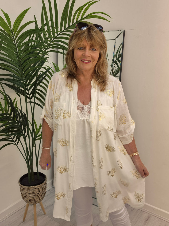 Ibiza Tree of Life Shirt Dress - White/Gold (Loose Fit)