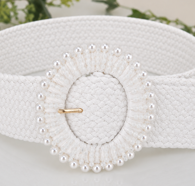 White Pearls Stretchy Raffia Buckle Belt - (One Size)