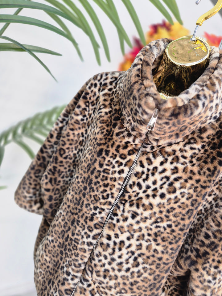 Oslo Faux Fur Jacket with Funnel Collar & Zip Fronted (One Size - fits from 10 up to Size 16) - Leopard