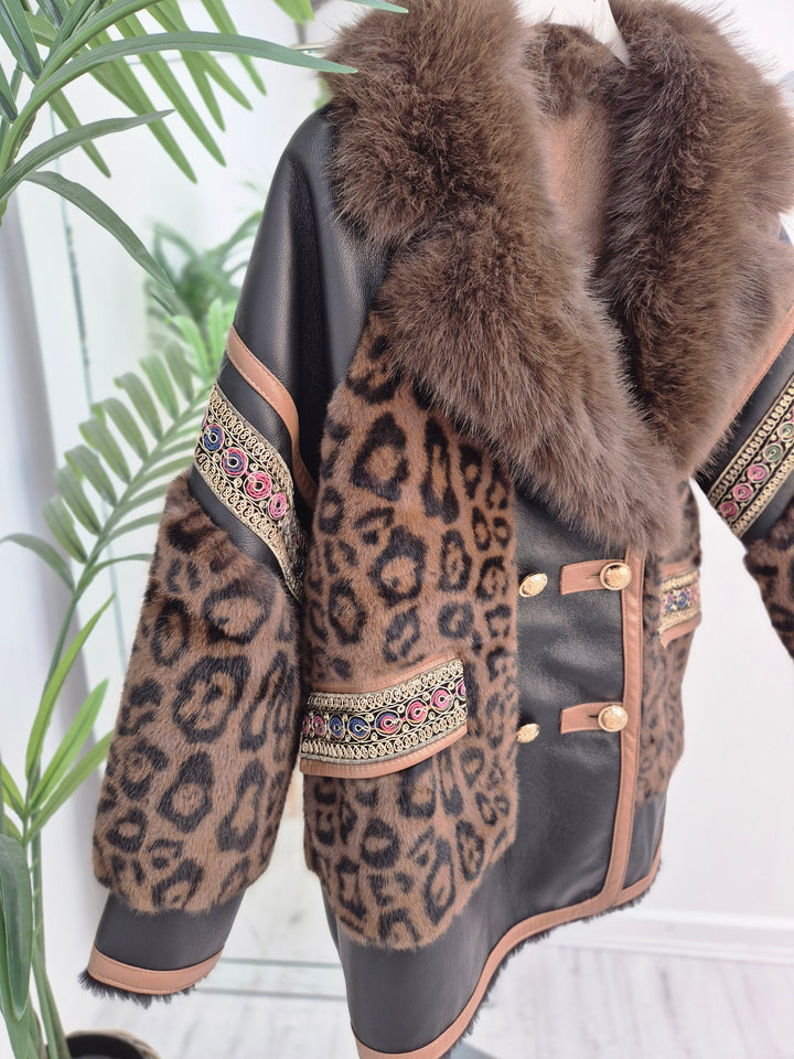 Oslo Faux Fur/Faux Leather Jacket - Chocolate Leopard - (Oversized fits Size 12/14 to Size 18/20/20)