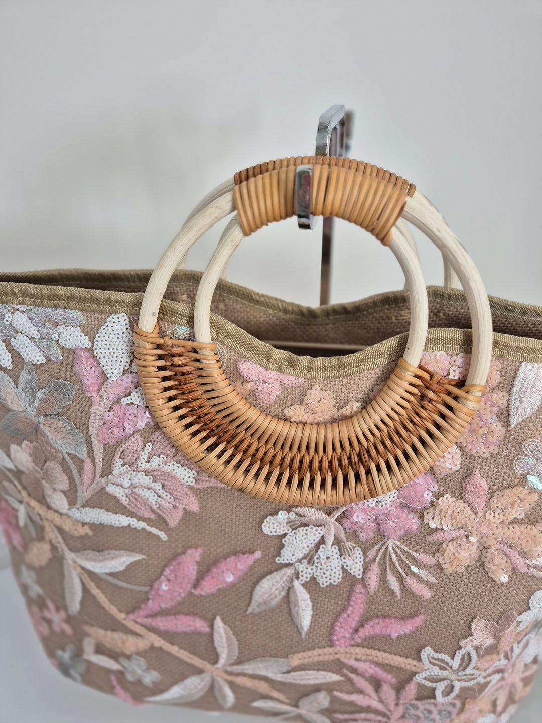 Floral Sequins Bamboo Bag - Pink