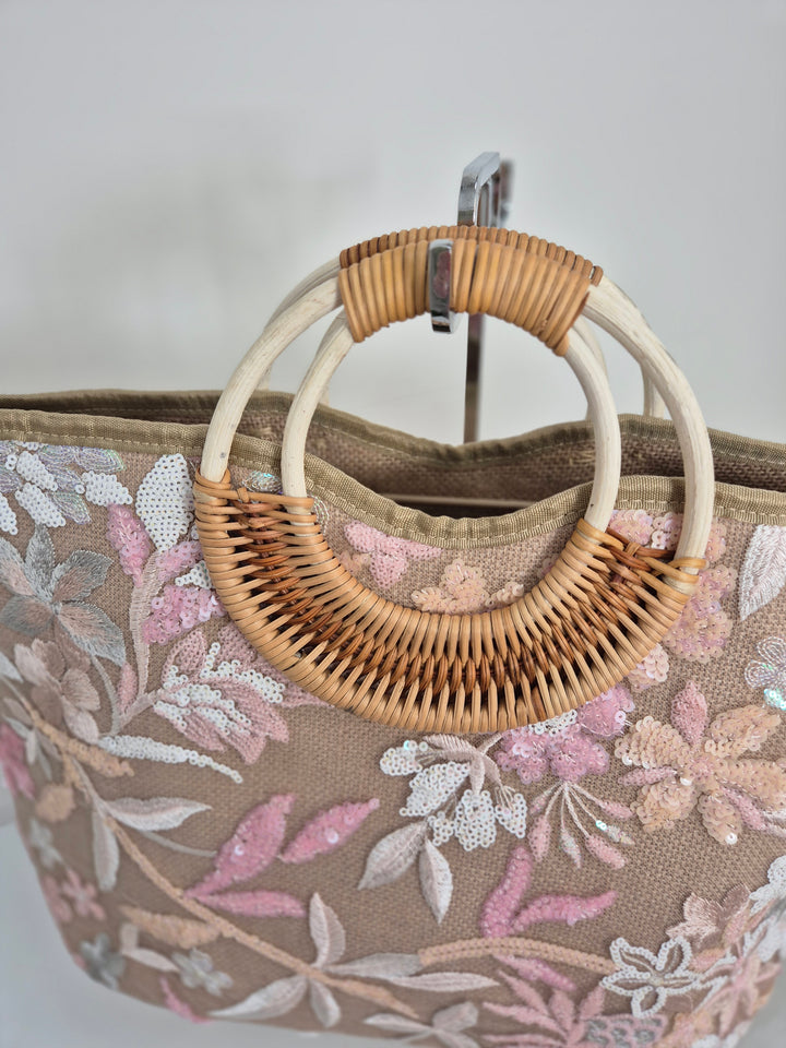 Floral Sequins Bamboo Bag - Pink
