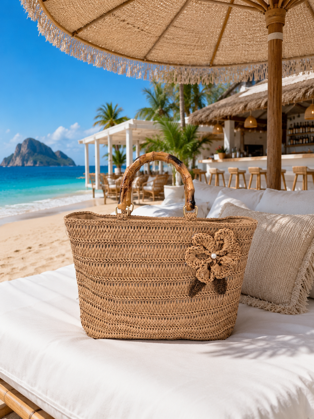 Bamboo Handles with Flower & Pearl Raffia Bag - Natural