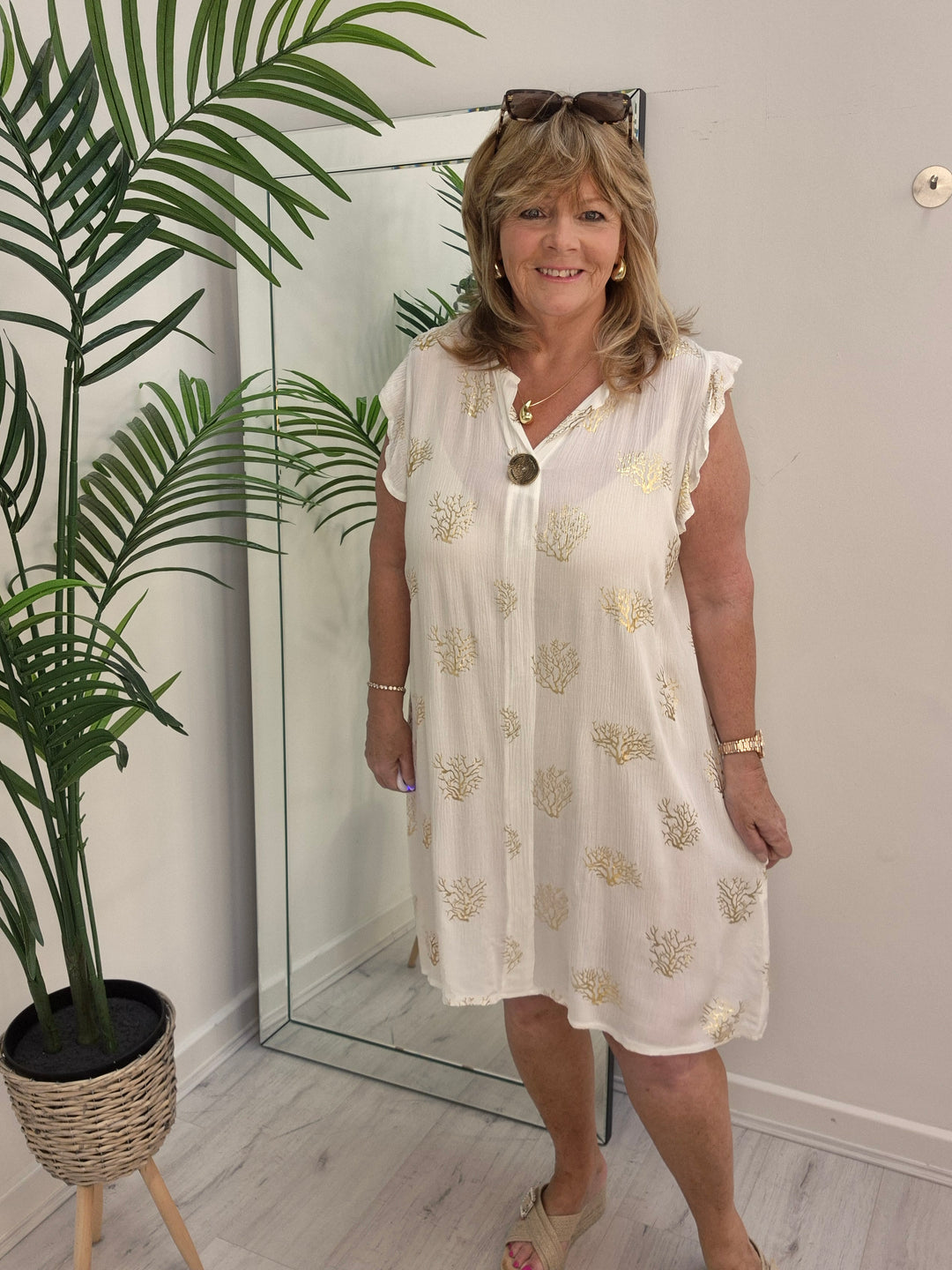 Ibiza Tree of Life Frilled Sleeve Dress - White/Gold - (Loose Fit)