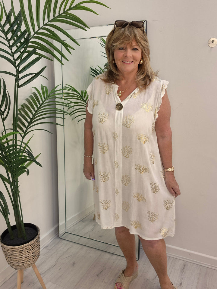 Ibiza Tree of Life Frilled Sleeve Dress - White/Gold - (Loose Fit)
