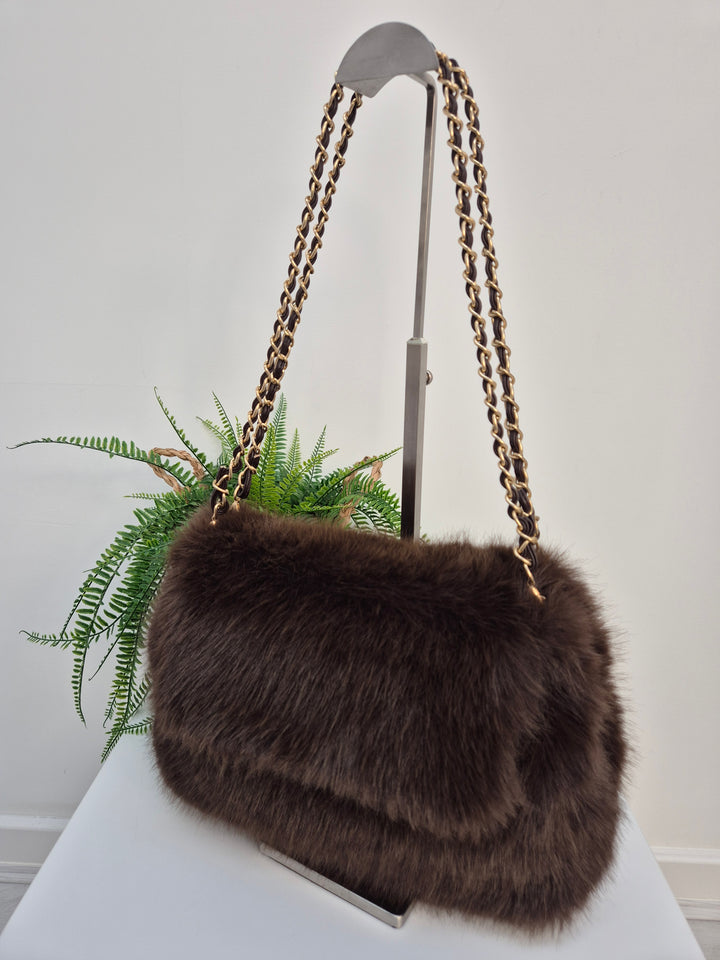 Oslo Faux Fur Bag with Gold Chain Link Dual Handles - Chocolate