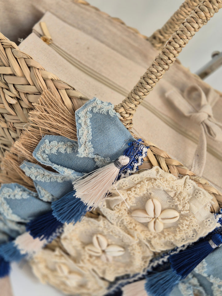 Stonewashed Denim Beach Bag with Seashells