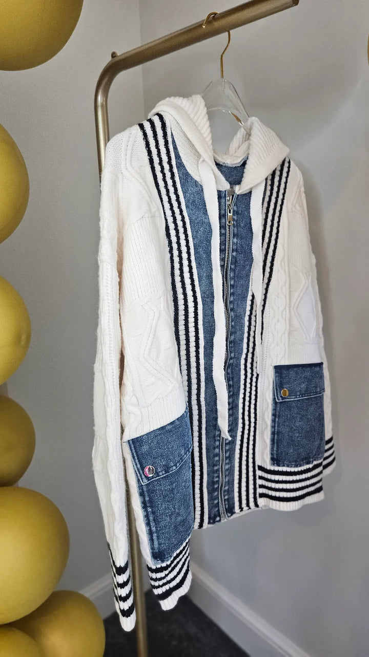 Callie Cable Hoodie with Denim - One Size - fits from Size 12 up to Size 18