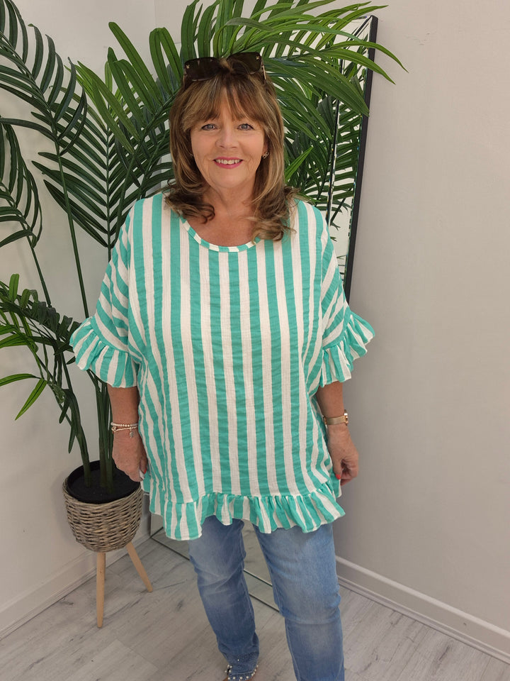 Candy Striped Top with Frilled Sleeves - (choose your Colour) - (Oversized)
