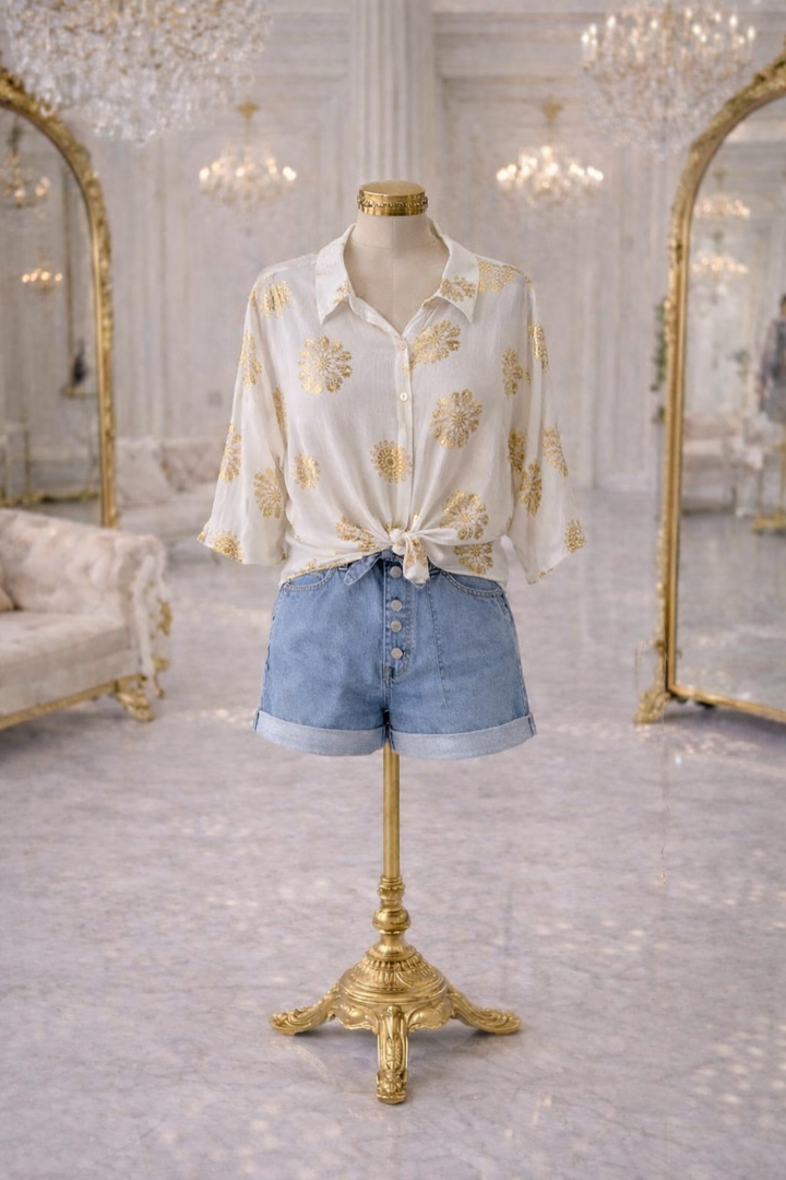 Ibiza Floral Shirt - White/Gold - (One Size, fits up to Size 16/Small 18)