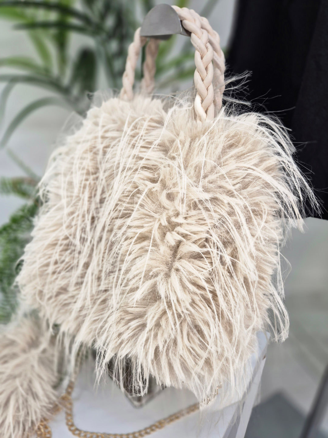 Oslo Faux Fur Shaggy Bag with Dual Handles & Chain Strap - Cream