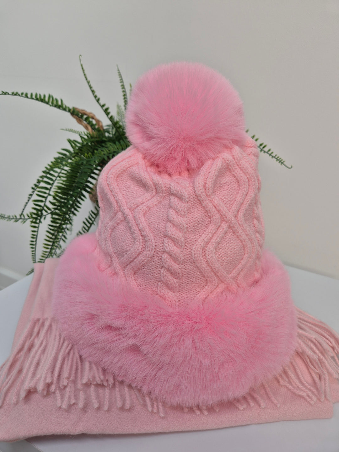 Oslo Faux Fur Pom Pom Cable Hat & Soft Feel Brushed Tassel Scarf Bundle - Candy Pink