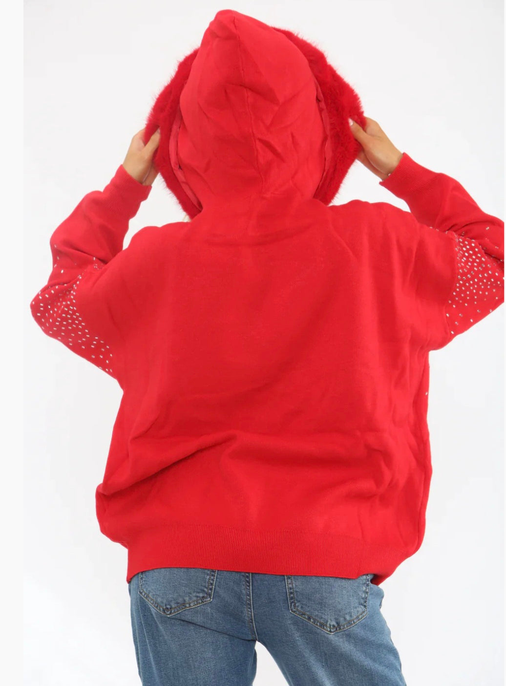 Oslo Faux Fur Sparkly Hoodie - Red (One Size fits from Size 10/12 up to Size 18)