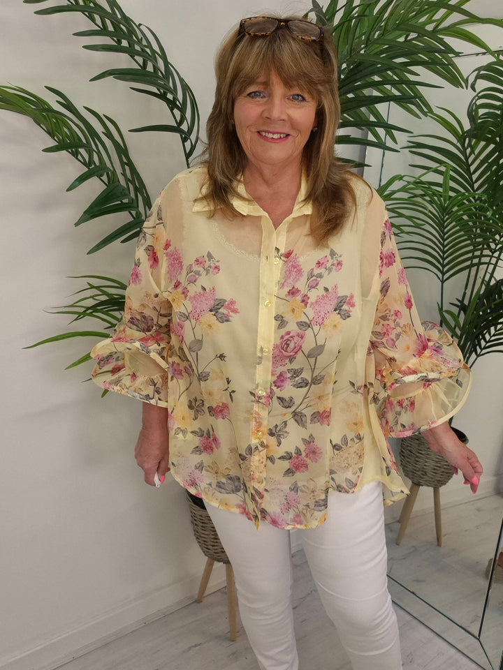 Alba Floral Chiffon Double Fluted Sleeve Blouse - (choose your Colour) - (Oversized)