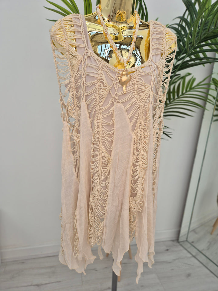 Crochet Beach Dress/Tunic Top - Beige (One Size)