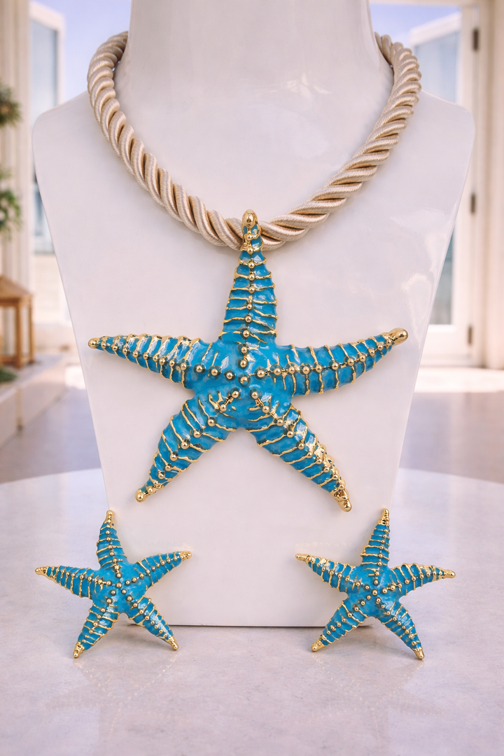 Starfish Necklace & Earrings Set (Gold Tone) - Aqua