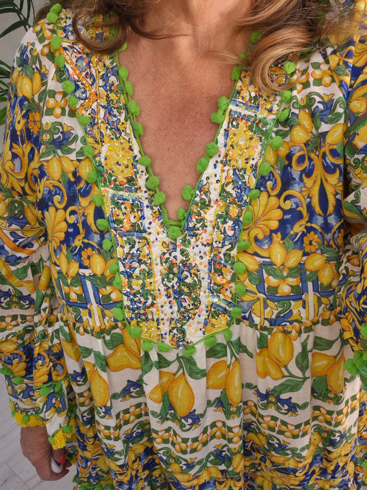 Santorini Beaded Tunic Top - Lemon & Lime