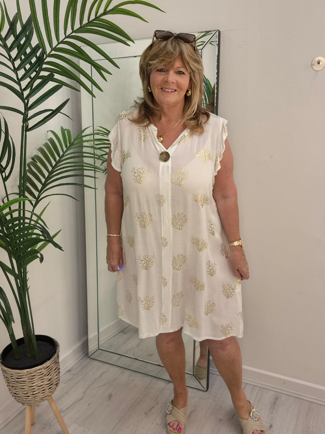 Ibiza Tree of Life Frilled Sleeve Dress - White/Gold - (Loose Fit)
