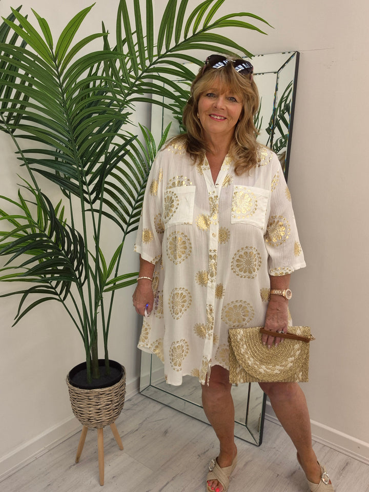 Ibiza Florals Shirt Dress - (Loose Fit) - White/Gold