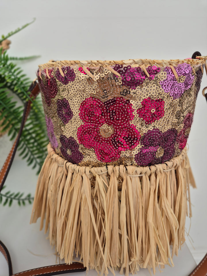 Sequin Straw Bag with Long Adjustable Strap - Pink Multi Sequins